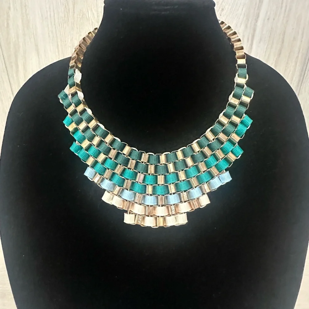 Gold Multi Color Ribbon Statement Necklace - Picture 3 of 9